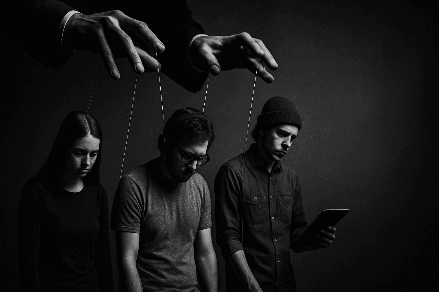 Shadowy corporate hands manipulating puppet strings over creators