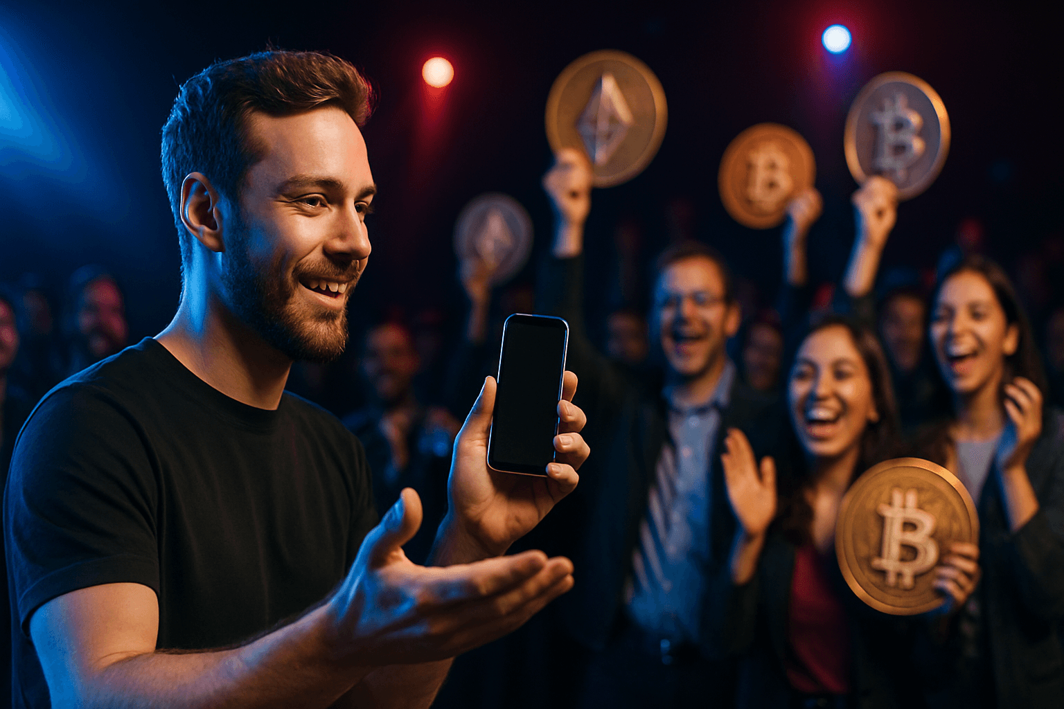 Crowd of supporters holding tokens with a founder presenting a product demo on screen